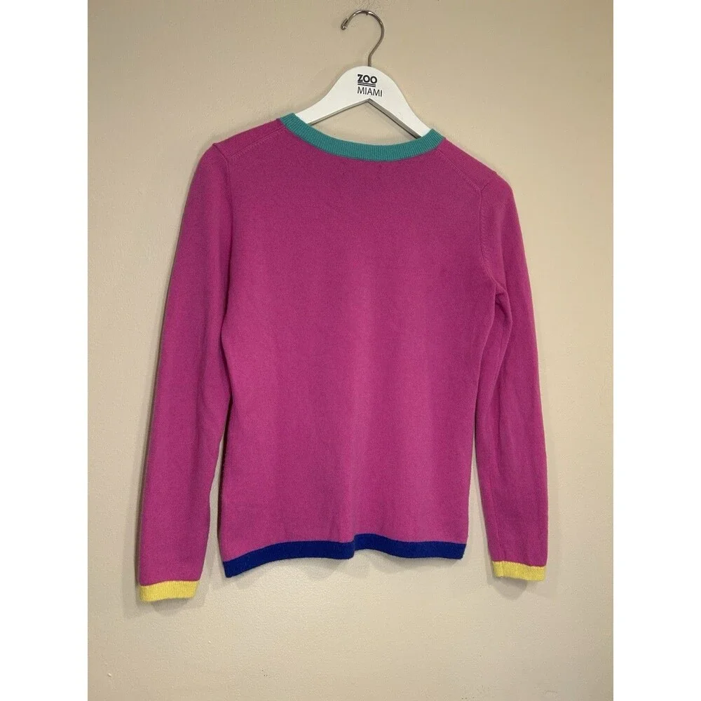 Lands' End Cashmere Sweater Sz XS Colorblock Fuchsia Teal Navy Preppy Luxury